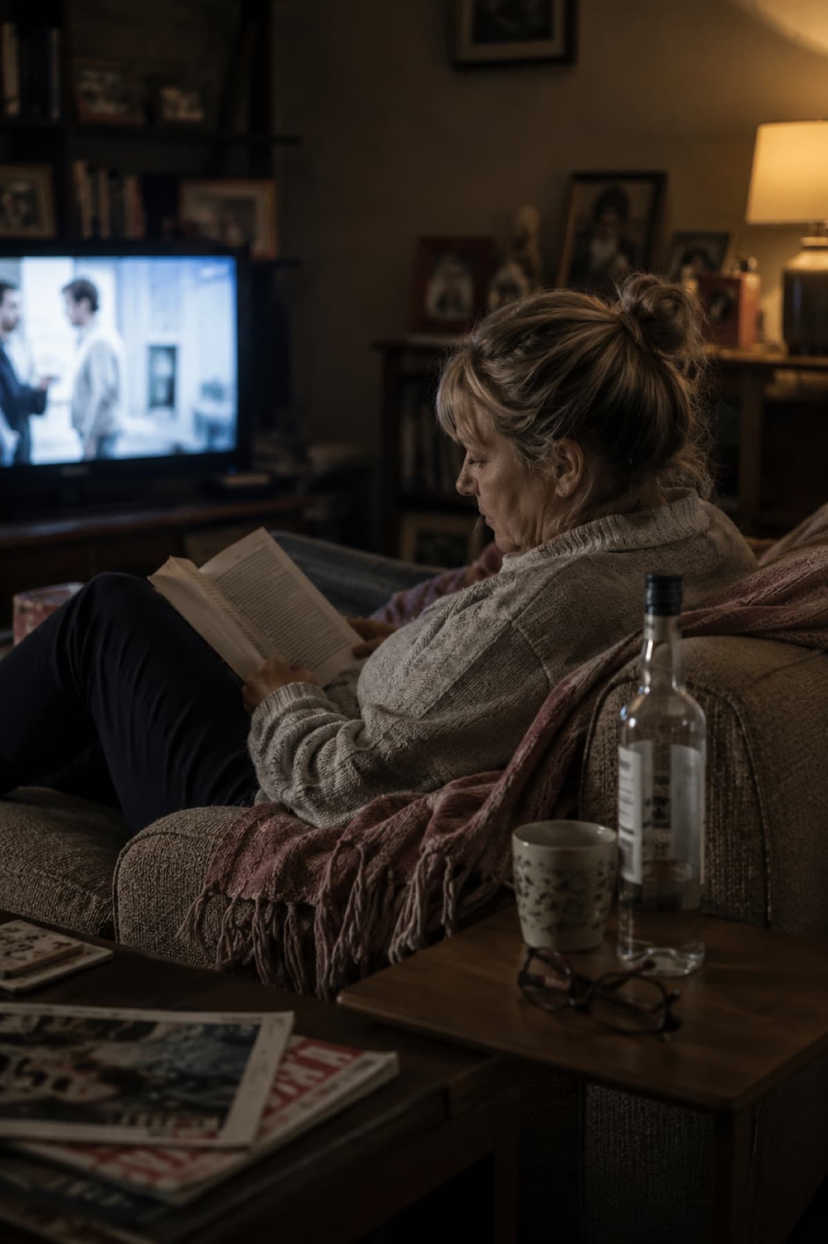 A woman alone at home with alcohol nearby