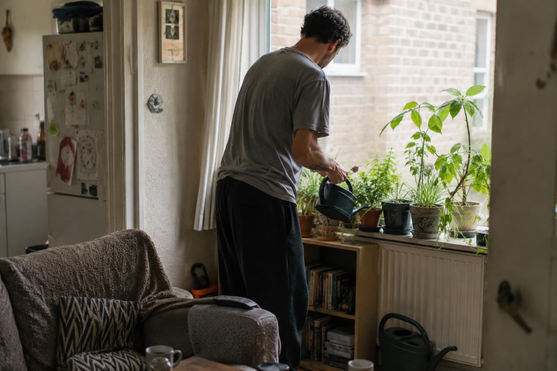 A man tending houseplants as part of an ordinary daily routine