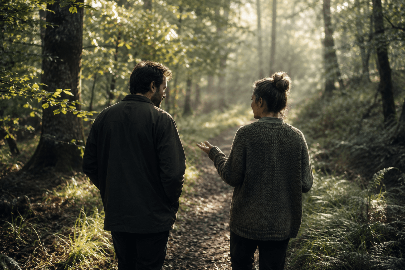 Two people walking and talking through a sunlit woodland