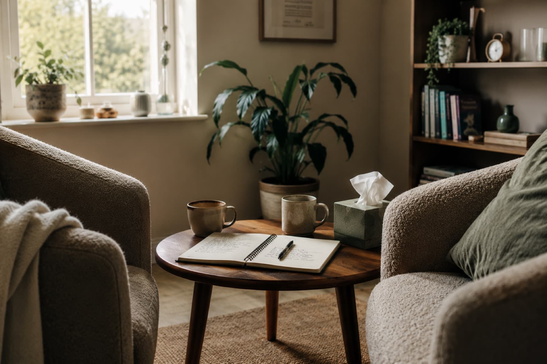 A warm and private therapy room prepared for an alcohol rehab session