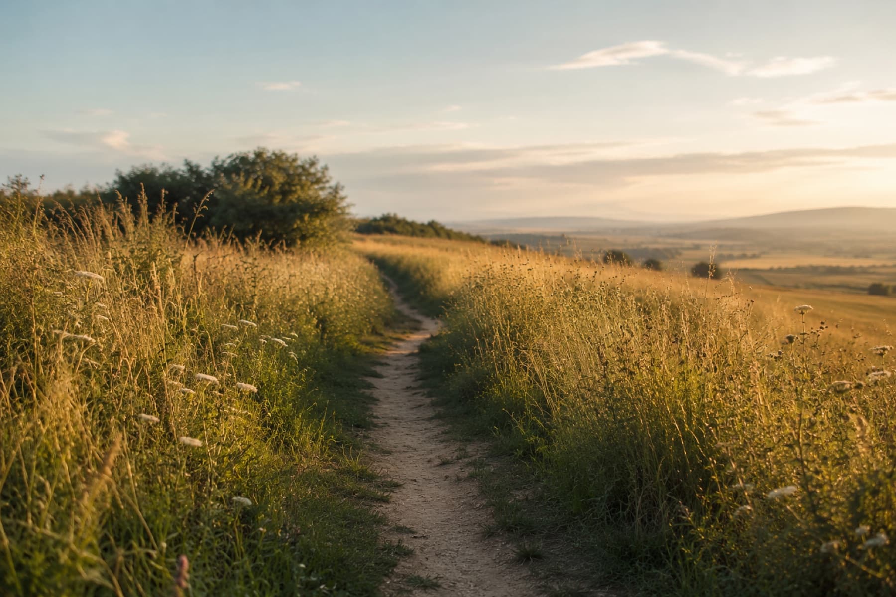 A country path continuing through fields in evening light