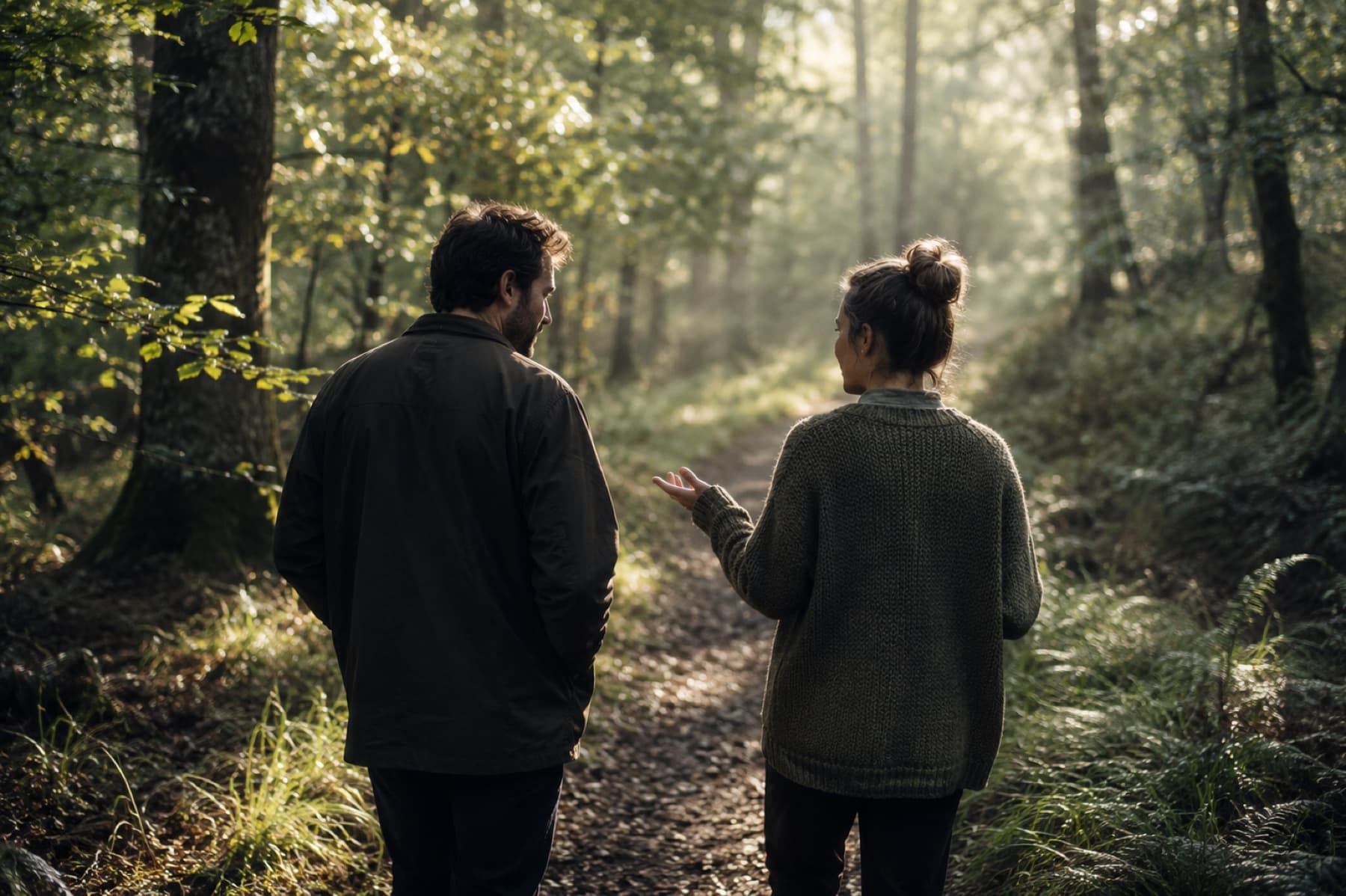 Two people talking while walking through peaceful woodland