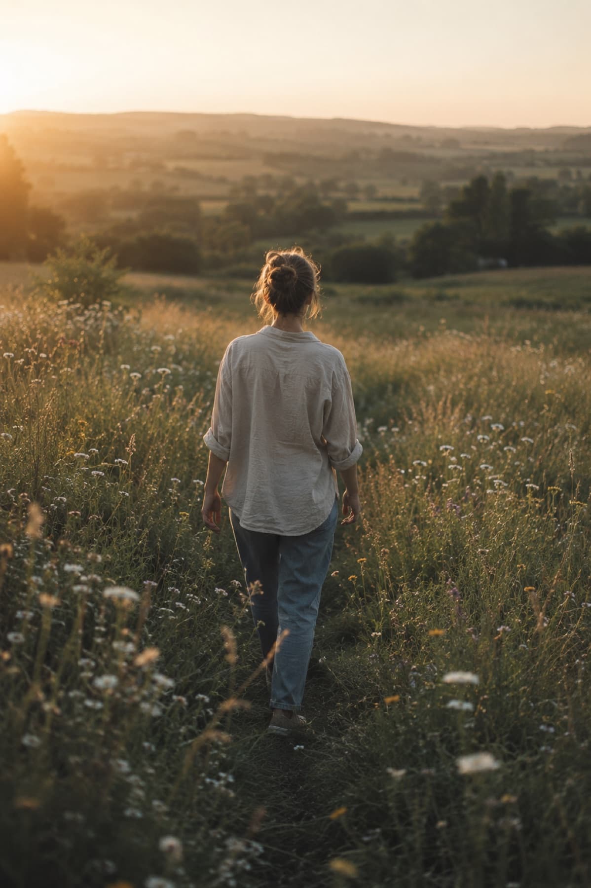 A woman walking through a meadow towards an open landscape